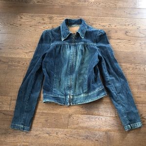 Puff sleeve pleated prairie denim jacket with zipper, has stretch (S)
